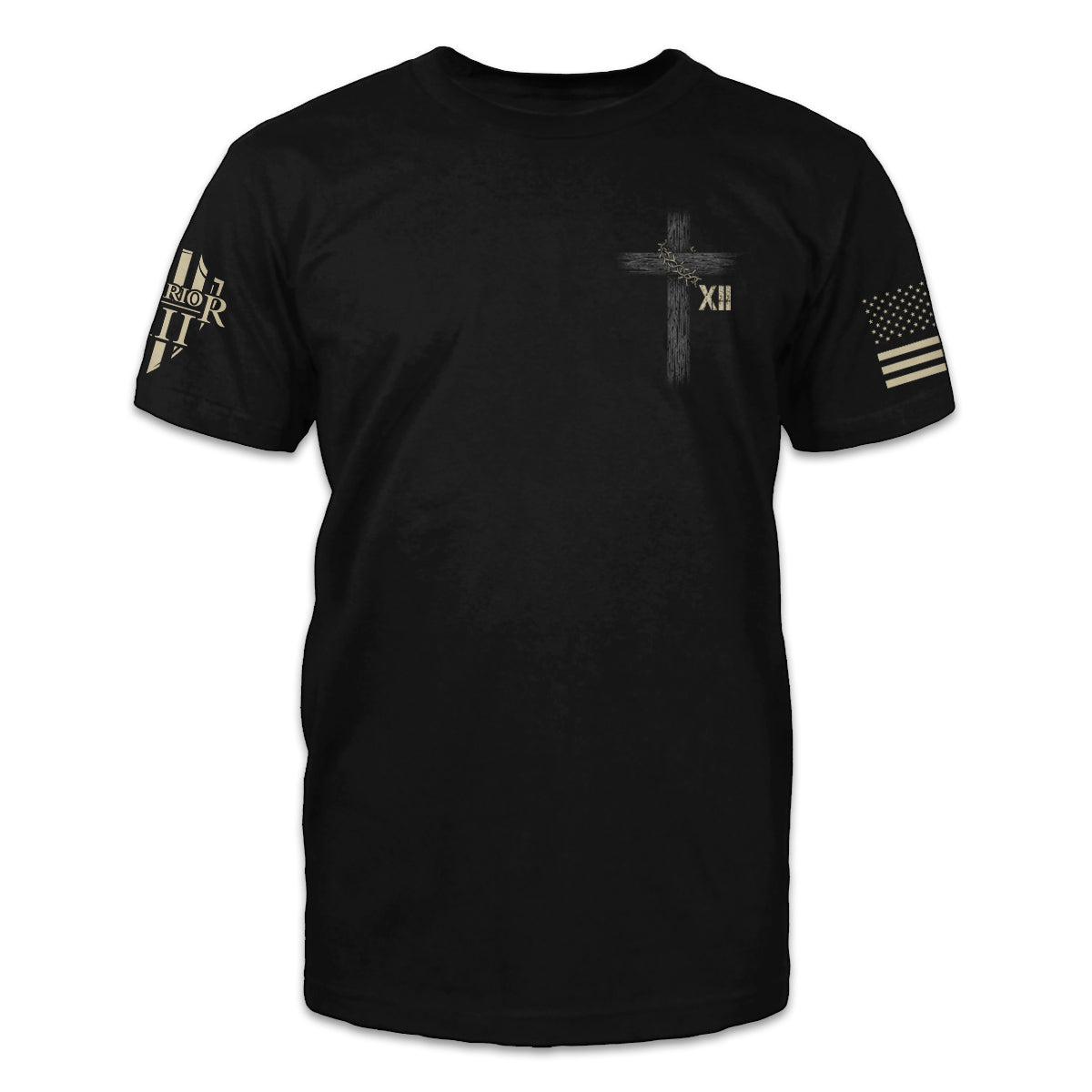 A black t-shirt with a cross and roman numerals XII printed on the front of the shirt.