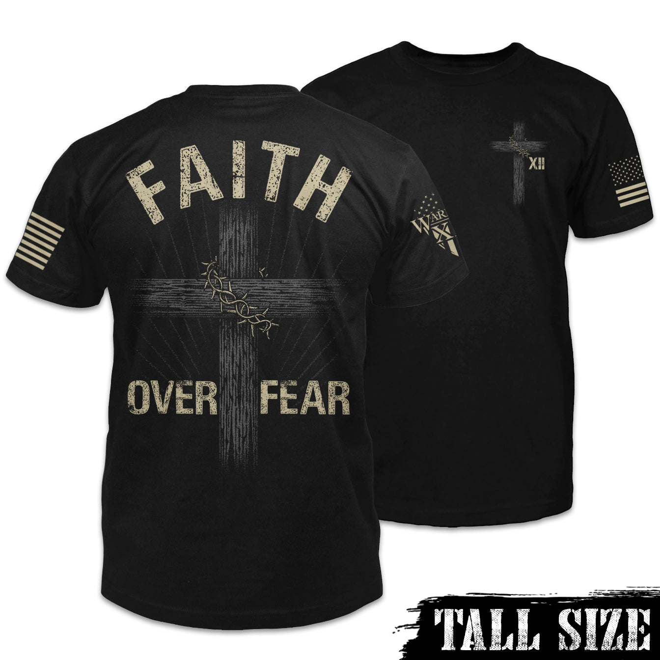 Front & back black tall size shirt with the words "Faith Over Fear" with a cross printed on the shirt.