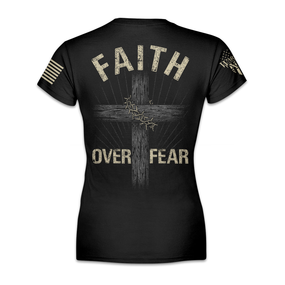 A black women's relaxed fit shirt with the words "Faith Over Fear" with a cross printed on the back of the  shirt.