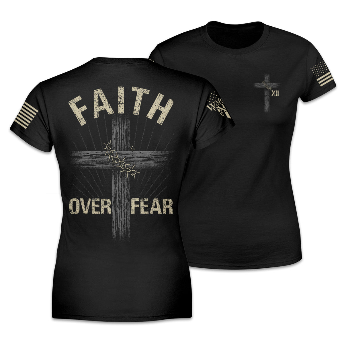 Front & back black women's relaxed fit shirt with the words "Faith Over Fear" with a cross printed on the shirt.