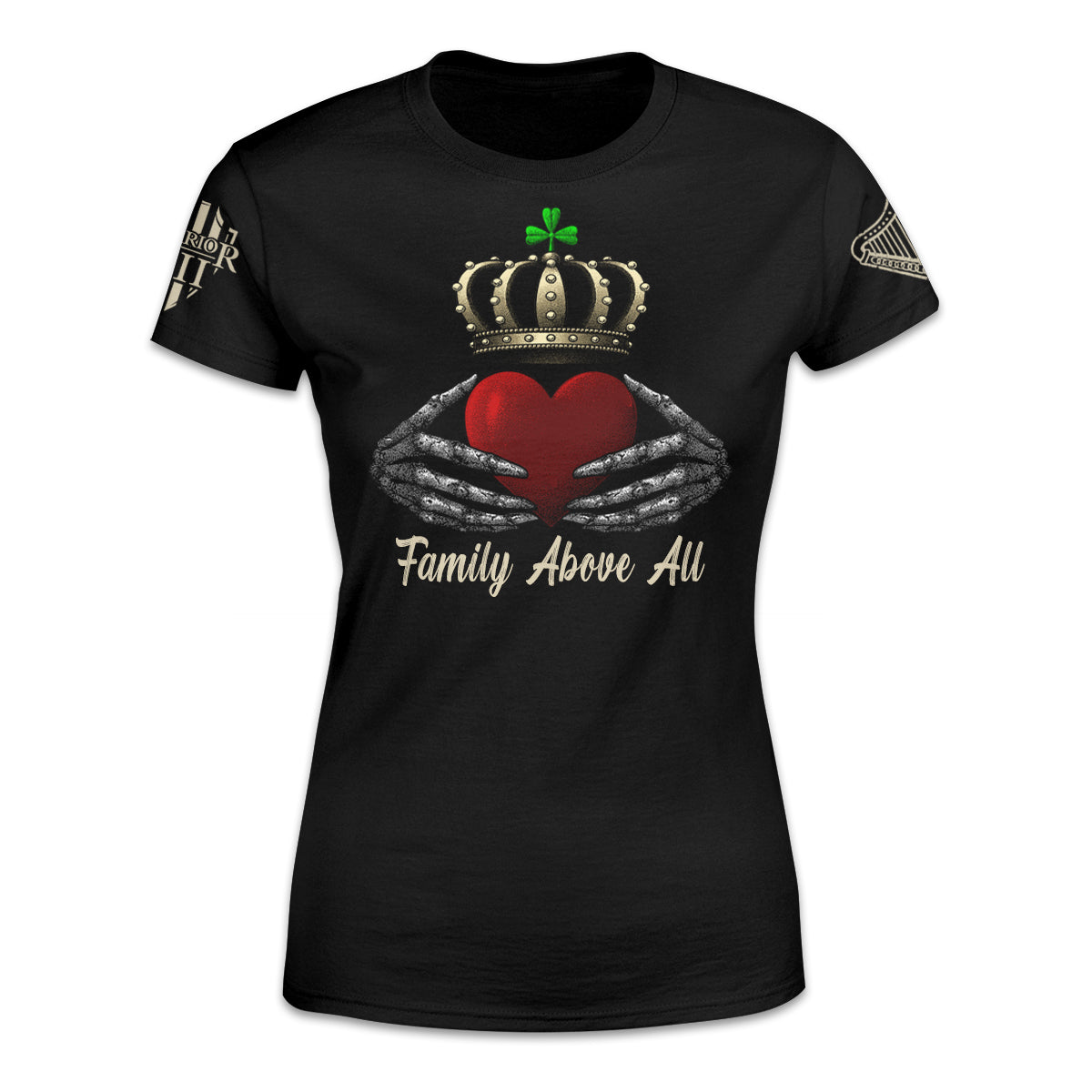 A black women's t-shirt featuring a Claddagh on the front with skeletal hands, and the words "Family Above All."