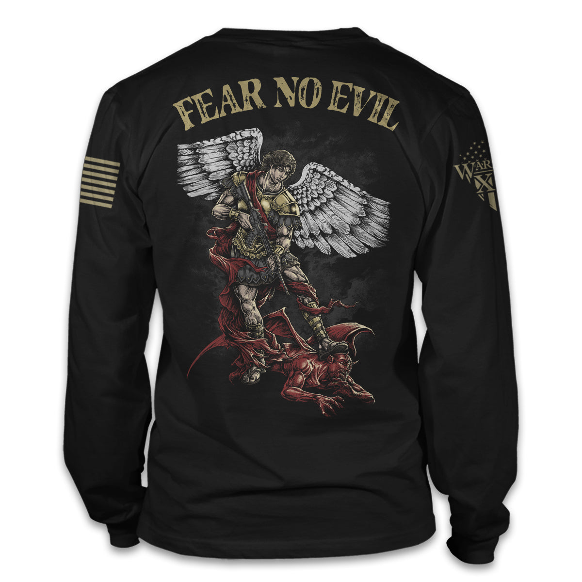 A black long sleeve shirt with the words "fear no evil" with a Saint Michael the Archangel holding a gun with his foot on Satan printed on the back of the shirt.