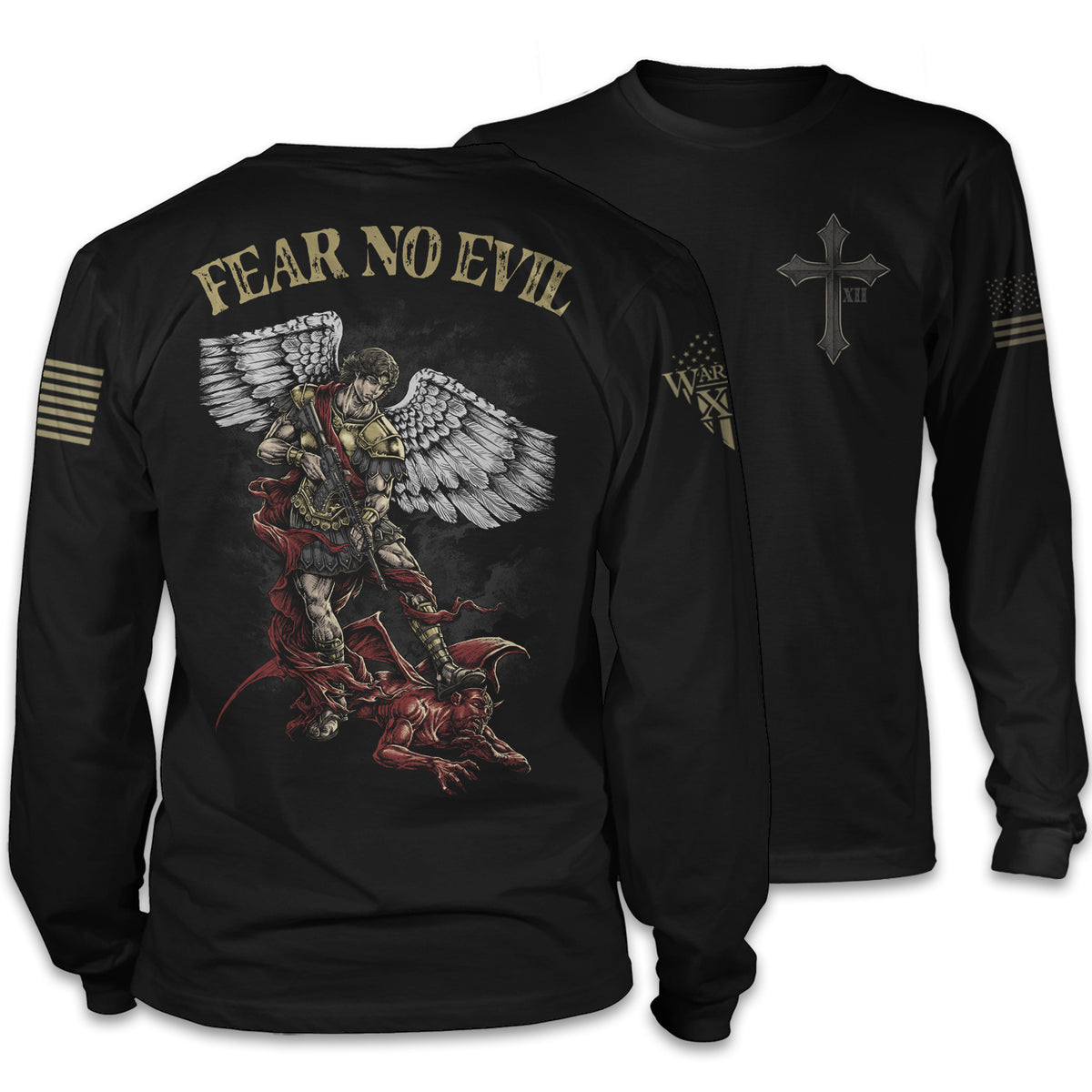 Front & back black long sleeve shirt with the words "fear no evil" with a Saint Michael the Archangel holding a gun with his foot on Satan printed on the shirt.
