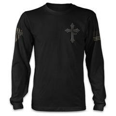 A black long sleeve shirt with the cross and roman numerals XII printed on the front.