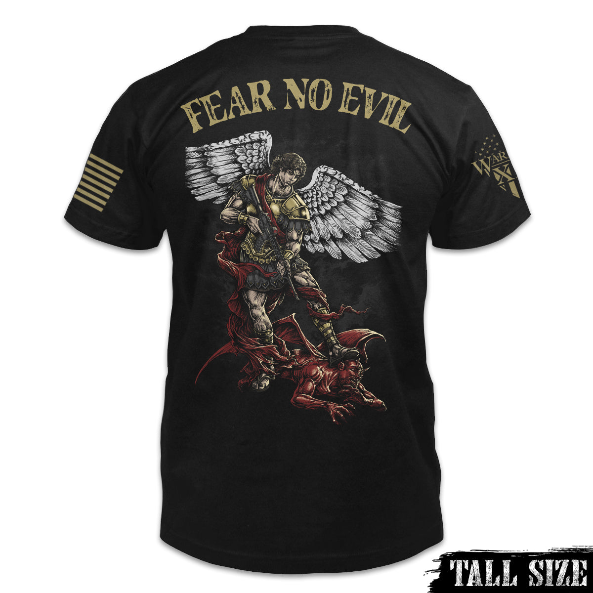 A black tall size shirt with the words "fear no evil" with a Saint Michael the Archangel holding a gun with his foot on Satan printed on the back of the shirt.