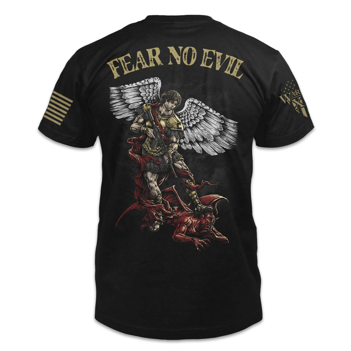 A black t-shirt with the words "fear no evil" with a Saint Michael the Archangel holding a gun with his foot on Satan printed on the back of the shirt.