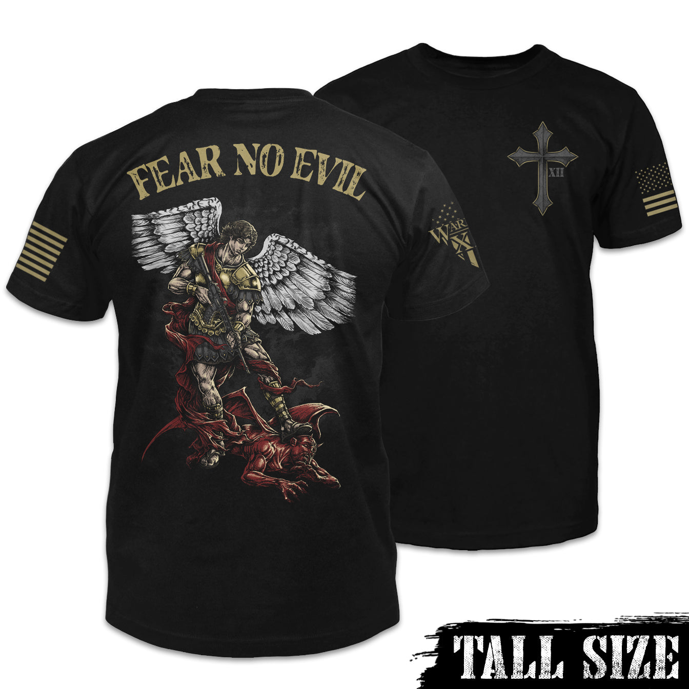 Front & back black tall size shirt with the words "fear no evil" with a Saint Michael the Archangel holding a gun with his foot on Satan printed on the shirt.