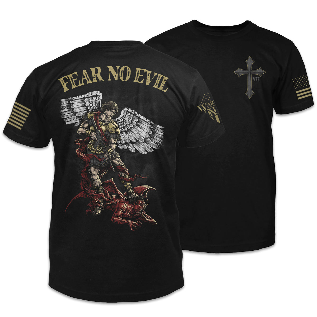 Front & back black t-shirt with the words "fear no evil" with a Saint Michael the Archangel holding a gun with his foot on Satan printed on the shirt.