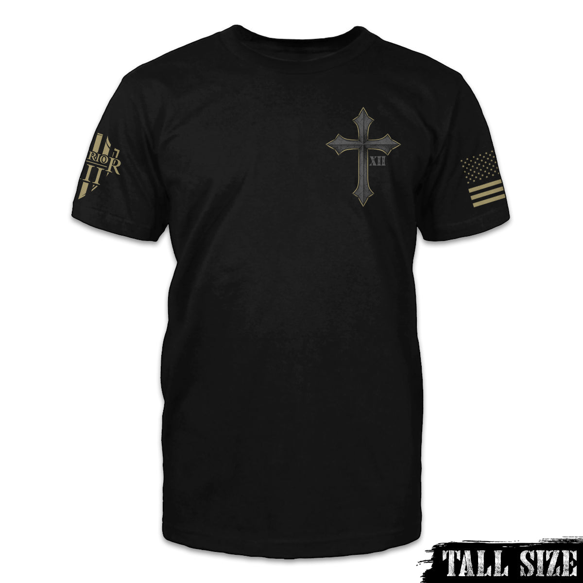 A black tall size shirt with the cross and roman numerals XII printed on the front.