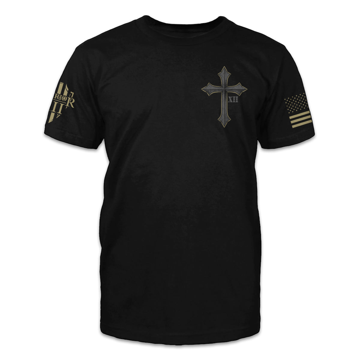 A black t-shirt with the cross and roman numerals XII printed on the front.