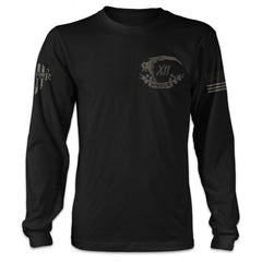 A black long sleeve shirt with the words Warrior and a reaper scythe printed on the front.