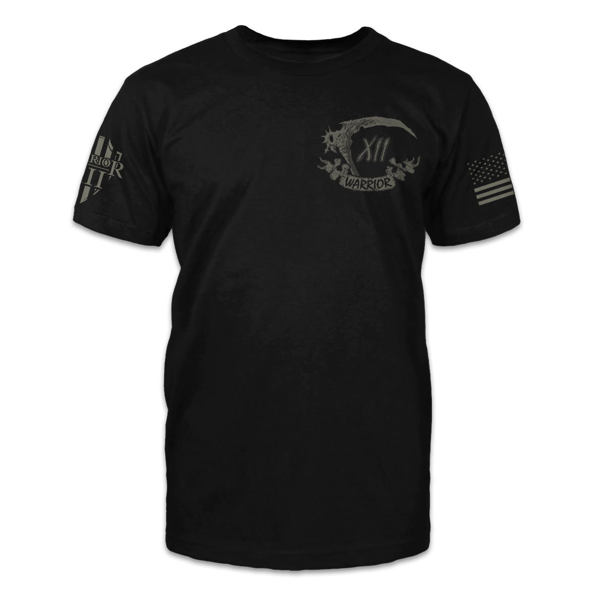 A black t-shirt with the words Warrior and a reaper scythe printed on the front.