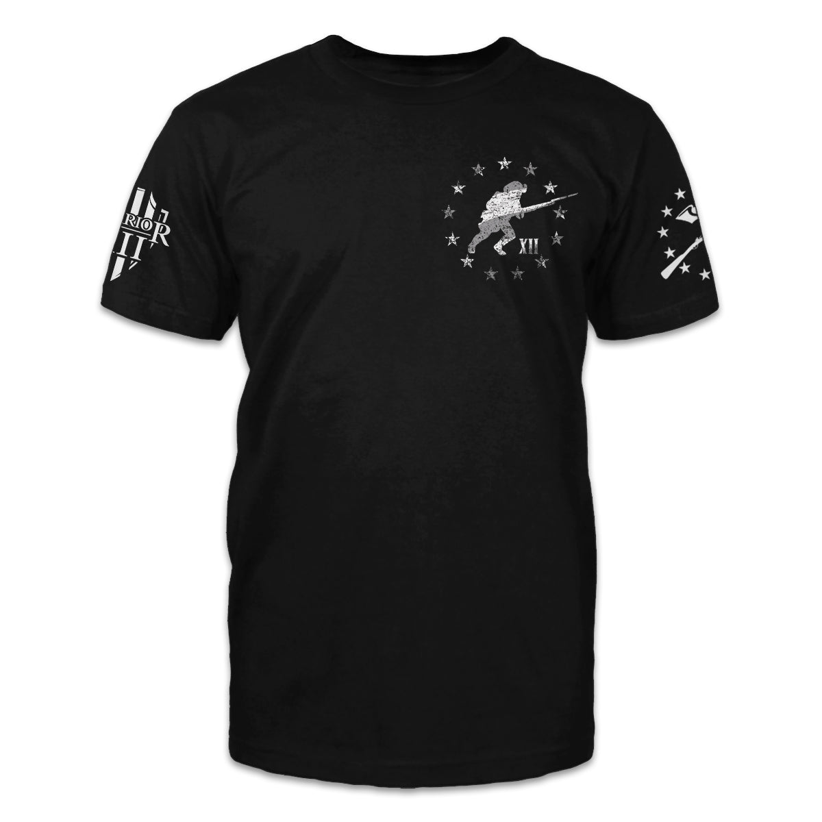 A black t-shirt with a soldier with stars around him printed on the front of the shirt.
