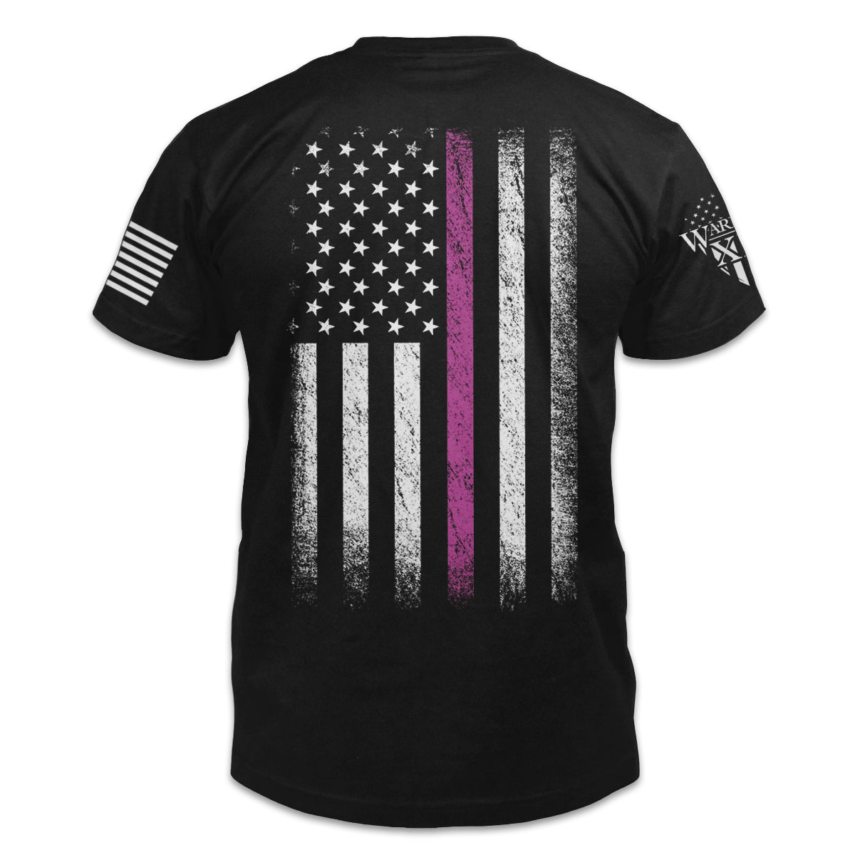 A black t-shirt with shirt features a thin pink line flag to show support for all breast cancer warriors printed on the back of the shirt.