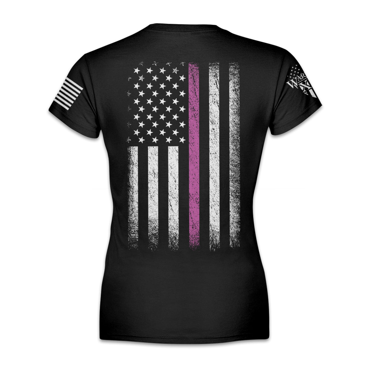 A black women's relaxed shirt with shirt features a thin pink line flag to show support for all breast cancer warriors printed on the back of the shirt.