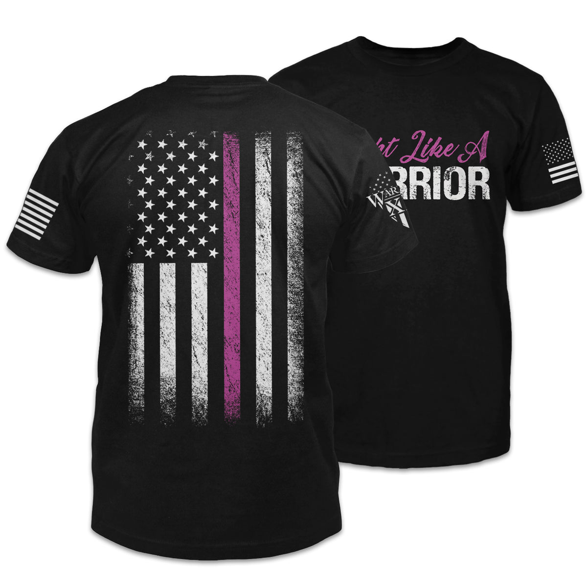Front & back black t-shirt with shirt features a thin pink line flag to show support for all breast cancer warriors printed on the shirt.
