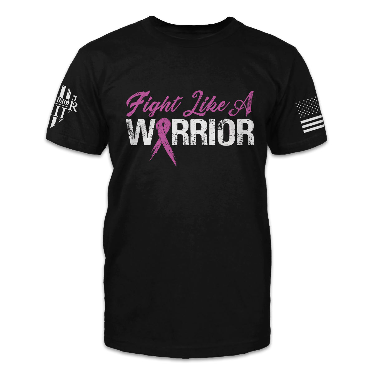 A black t-shirt with the words "Fight Like A Warrior" printed on the front of the shirt.