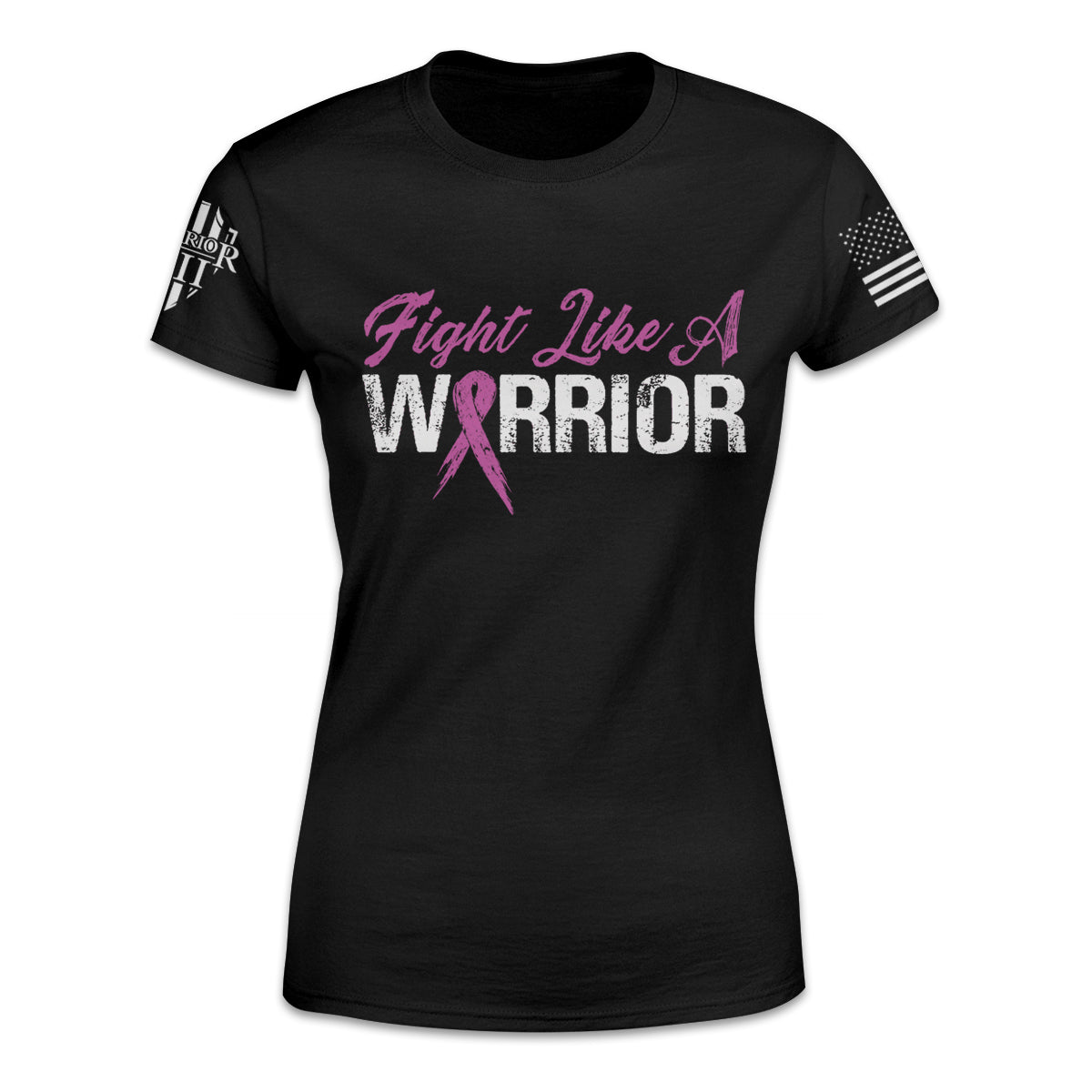A black women's relaxed fit t-shirt with the words "Fight Like A Warrior" printed on the front of the shirt.