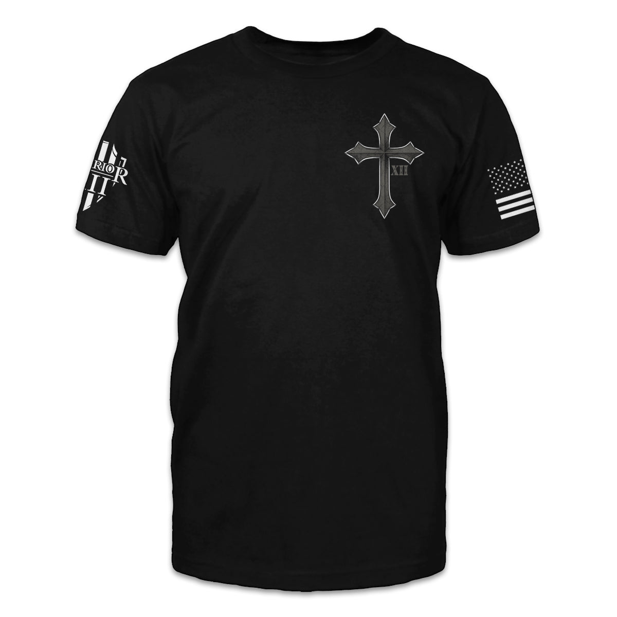 A black t-shirt with a cross printed on the front.