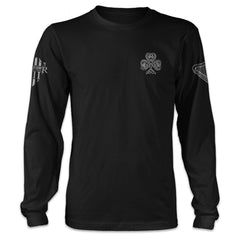 A black long sleeve shirt with a clover printed on the front.