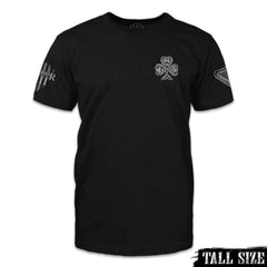 A black tall size shirt with a clover printed on the front.