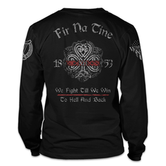 A black long sleeve shirt pays tribute to the history and traditions of Irish firefighters, and showing true Celtic pride. Fir Na Tine, meaning, "Men of Fire" in Gaelic, is written across the back of the shirt.