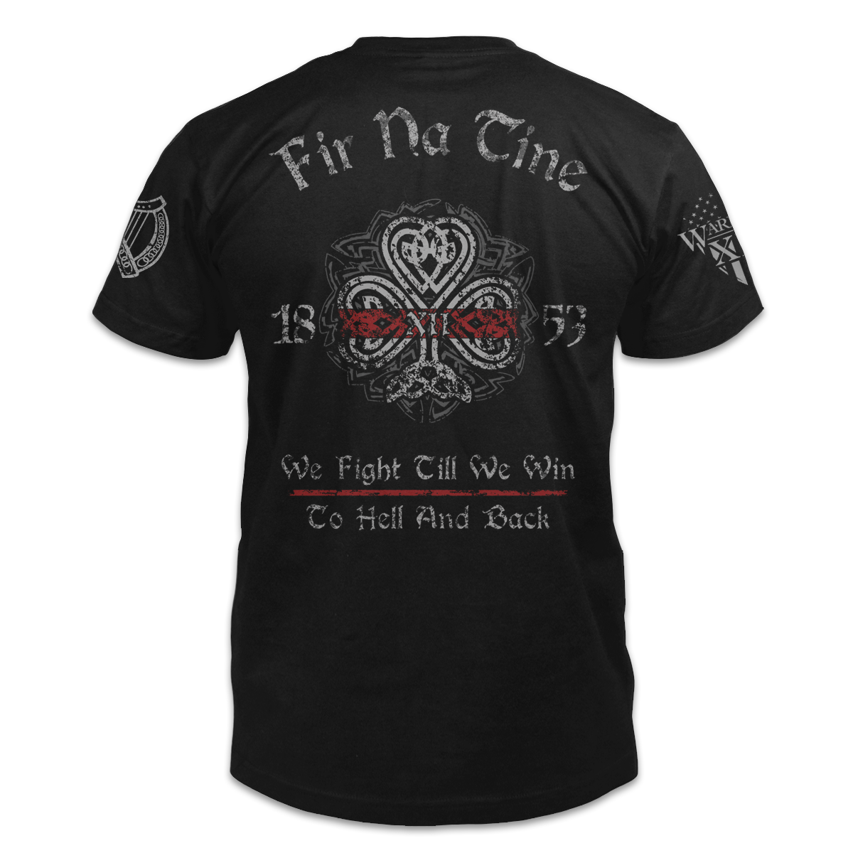 A black t-shirt pays tribute to the history and traditions of Irish firefighters, and showing true Celtic pride. Fir Na Tine, meaning, "Men of Fire" in Gaelic, is written across the back of the shirt.