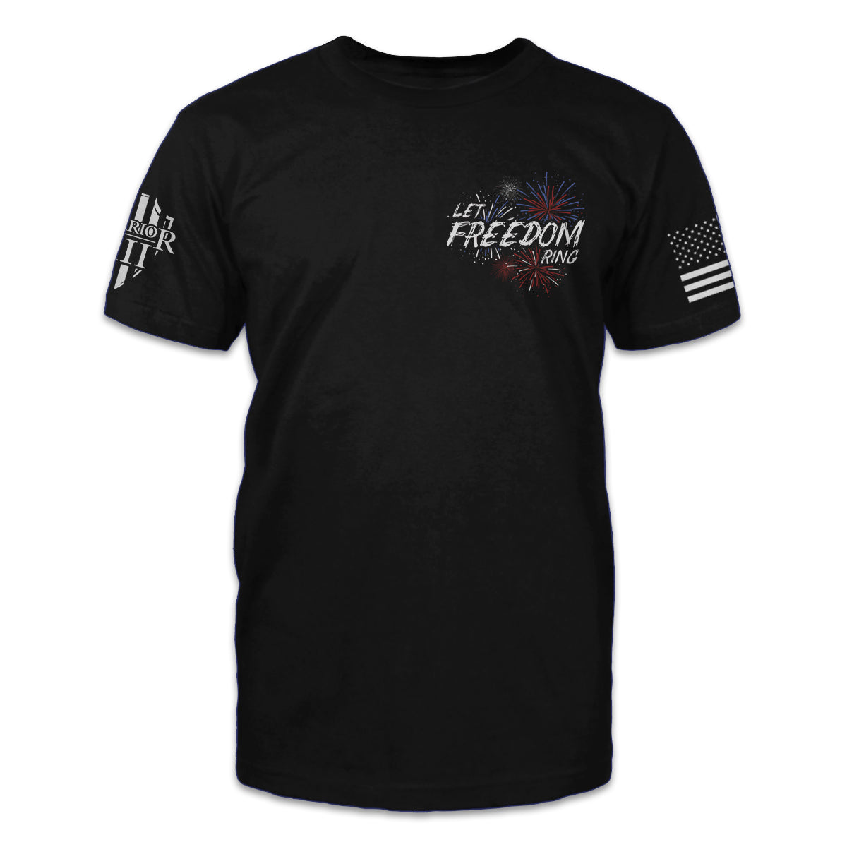 A black t-shirt with the words "Let Freedom Ring" printed on the front. 