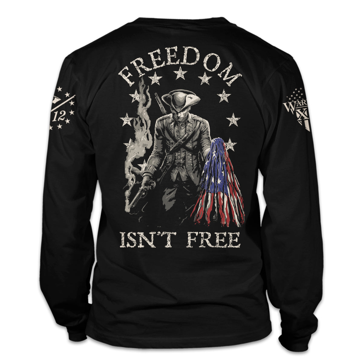 A black long sleeve shirt pays tribute to the Minuteman, the original American Patriot, and our forefathers who fought relentlessly against the tyranny of Britain.The back of the shirt has an infaltry soldier holding a ripped USA flag printed on it.