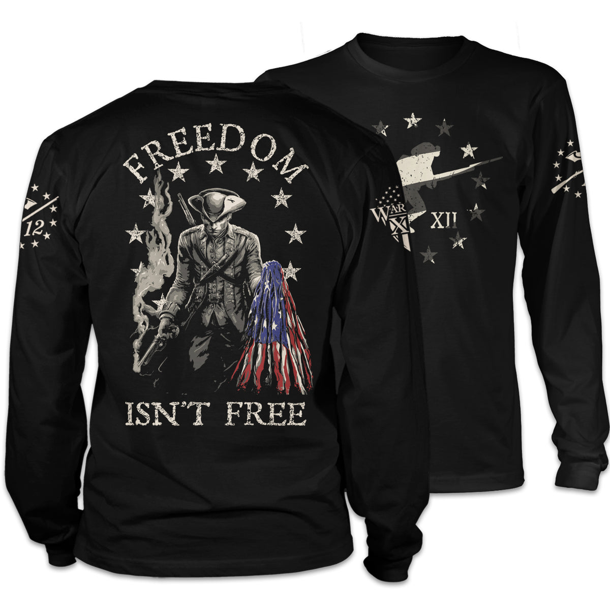 Front & back long sleeve shirt pays tribute to the Minuteman, the original American Patriot, and our forefathers who fought relentlessly against the tyranny of Britain.The back of the shirt has an infaltry soldier holding a ripped USA flag printed on it.