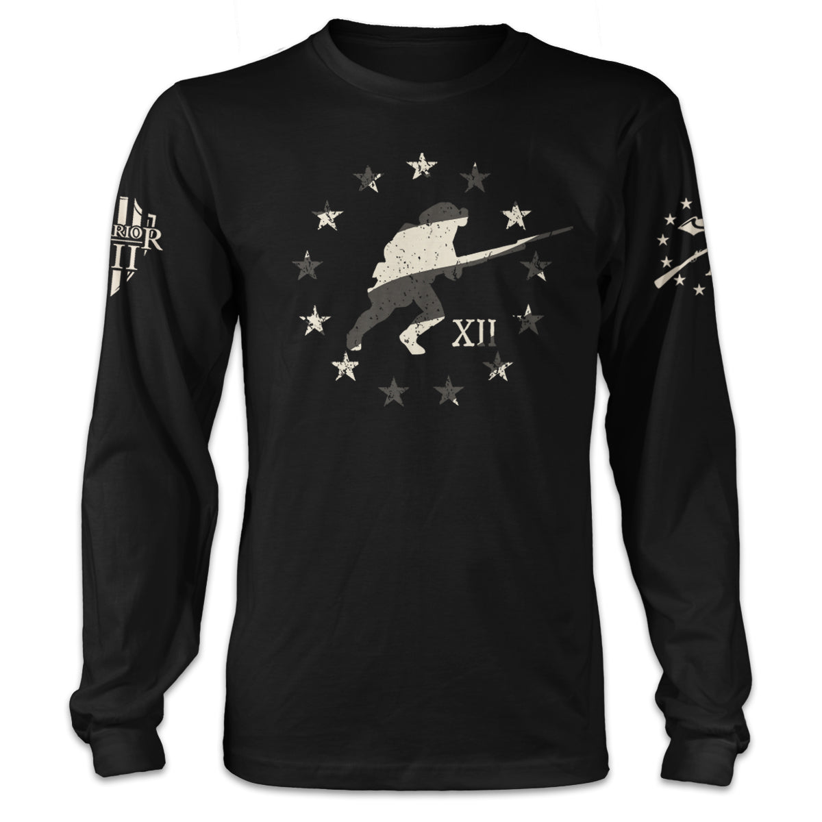 A black long sleeve shirt with a soldier running with stars around him in a circle printed on the front of the shirt.