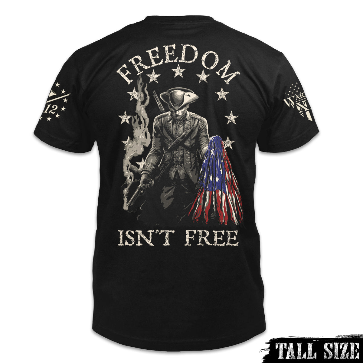 A black tall size shirt pays tribute to the Minuteman, the original American Patriot, and our forefathers who fought relentlessly against the tyranny of Britain.The back of the shirt has an infaltry soldier holding a ripped USA flag printed on it.