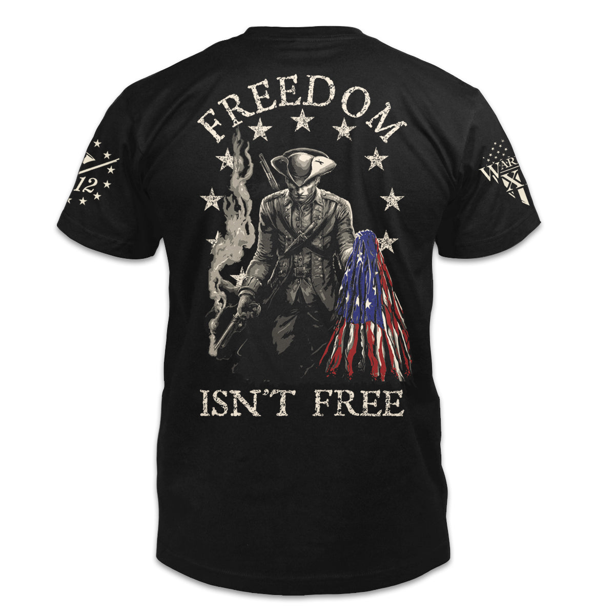 A black t-shirt  pays tribute to the Minuteman, the original American Patriot, and our forefathers who fought relentlessly against the tyranny of Britain.The back of the shirt has an infaltry soldier holding a ripped USA flag printed on it.