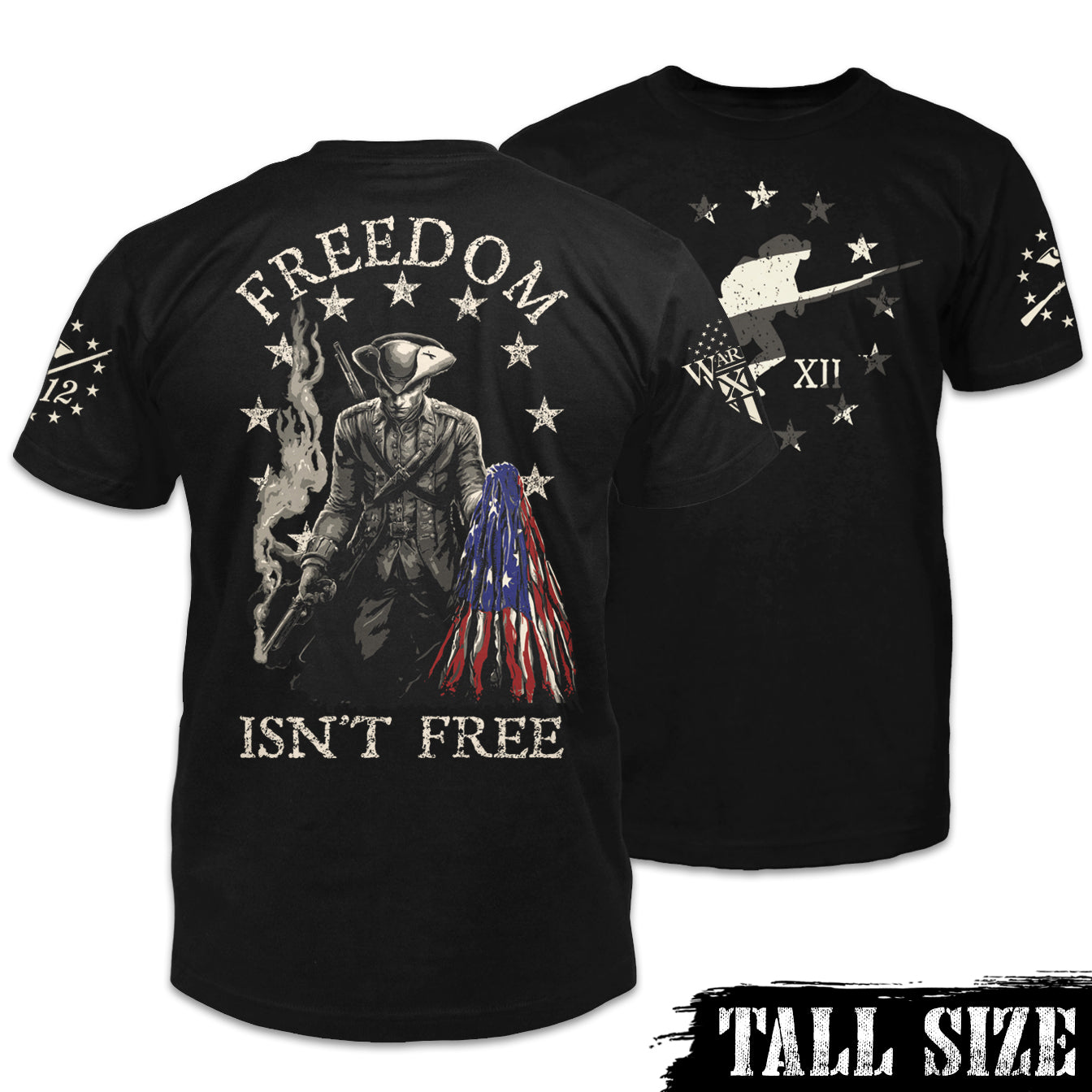 Front & back black tall size shirt pays tribute to the Minuteman, the original American Patriot, and our forefathers who fought relentlessly against the tyranny of Britain.The back of the shirt has an infaltry soldier holding a ripped USA flag printed on it.