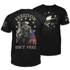 Front & back black t-shirt  pays tribute to the Minuteman, the original American Patriot, and our forefathers who fought relentlessly against the tyranny of Britain.The back of the shirt has an infaltry soldier holding a ripped USA flag printed on it.