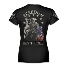 A black women's relaxed fit shirt pays tribute to the Minuteman, the original American Patriot, and our forefathers who fought relentlessly against the tyranny of Britain.The back of the shirt has an infaltry soldier holding a ripped USA flag printed on it.