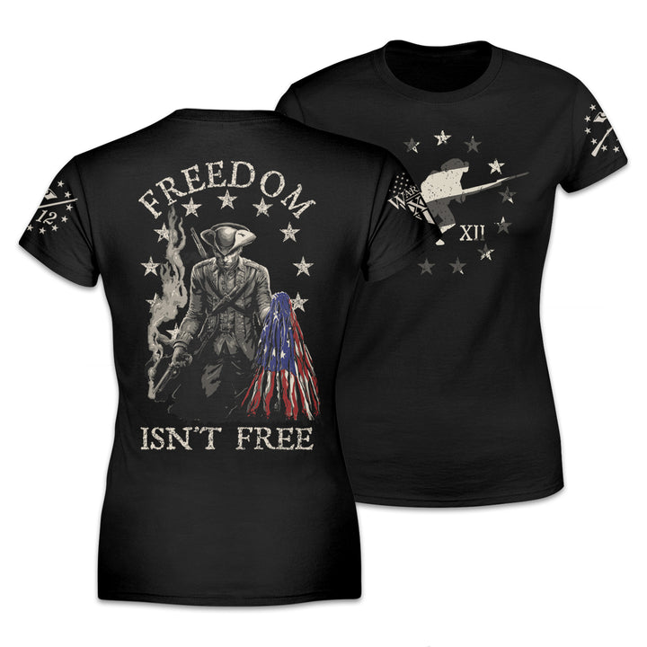 Front & back black women's relaxed fit'shirt pays tribute to the Minuteman, the original American Patriot, and our forefathers who fought relentlessly against the tyranny of Britain.The back of the shirt has an infaltry soldier holding a ripped USA flag printed on it.