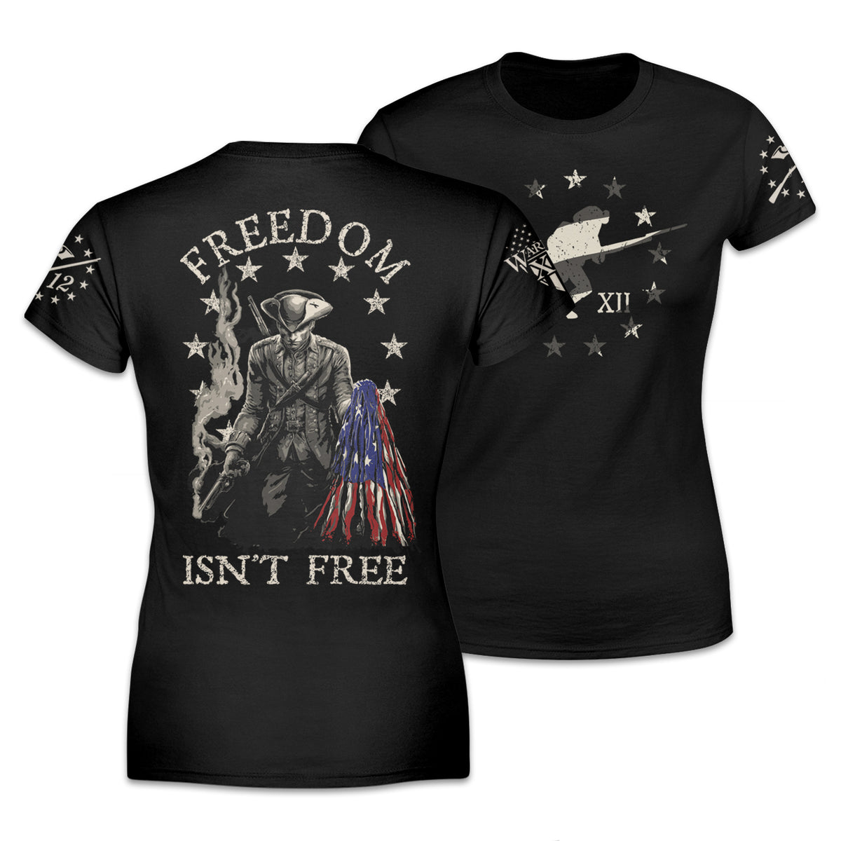 Front & back black women's relaxed fit shirt pays tribute to the Minuteman, the original American Patriot, and our forefathers who fought relentlessly against the tyranny of Britain.The back of the shirt has an infaltry soldier holding a ripped USA flag printed on it.