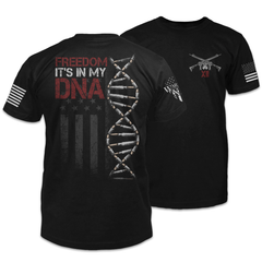 Front & back black t-shirt with the words "Freedom In My DNA" with a DNA strand and USA Flag printed on the shirt.