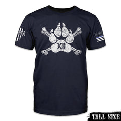 A navy blue tall size shirt with a dogs paw printed across the front.