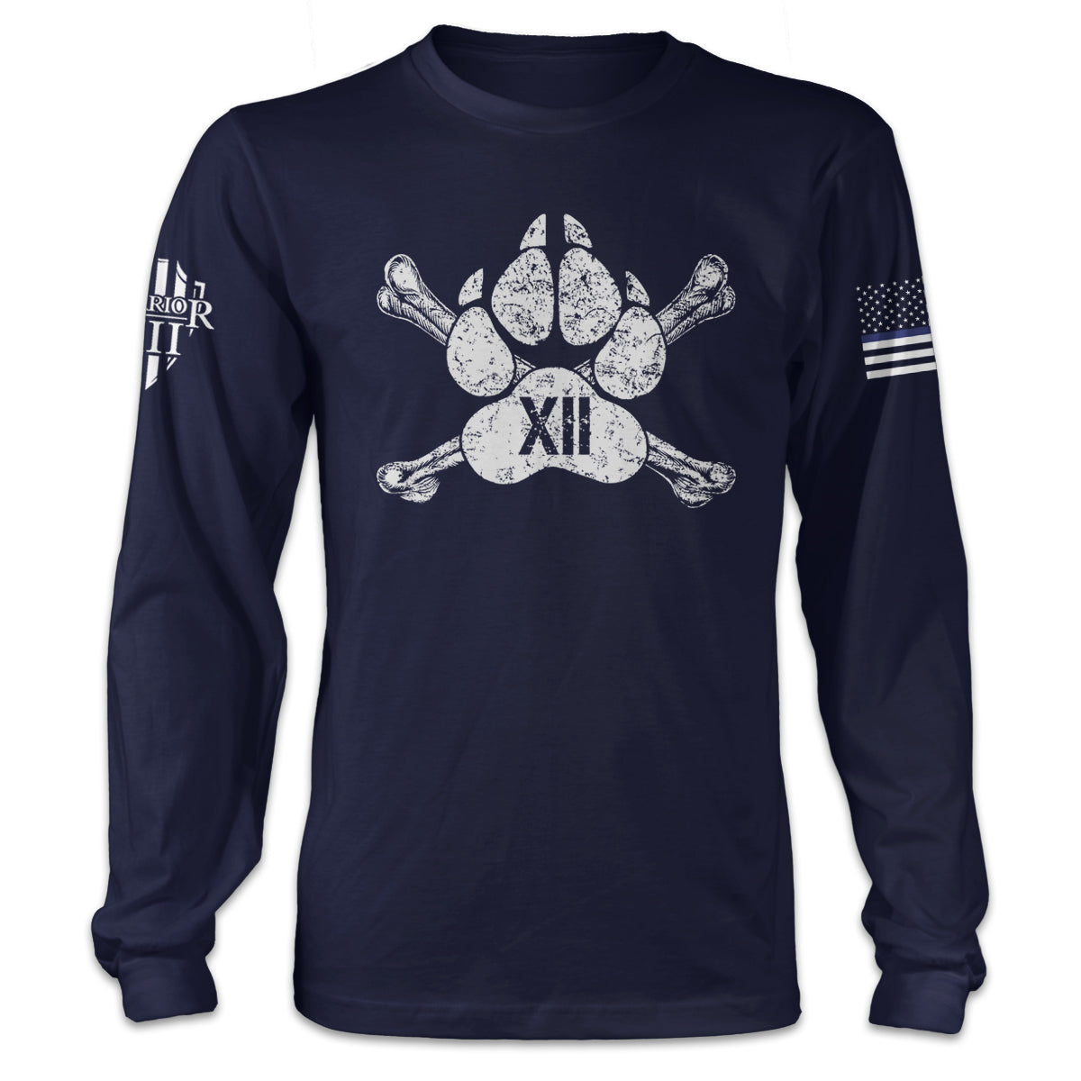 A navy blue long sleeve shirt with a dogs paw printed across the front.