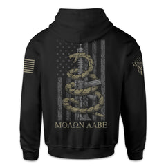 A black hoodie with the words 'Molon Labe,' meaning "Come and Take," and a coiled rattlesnake ready to defend an AR-15 printed on the back of the shirt.