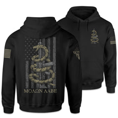 Front & back black hoodie with the words 'Molon Labe,' meaning "Come and Take," and a coiled rattlesnake ready to defend an AR-15 printed on the shirt.