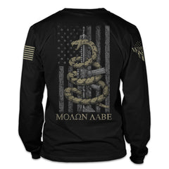 A black long sleeve shirt with the words 'Molon Labe,' meaning "Come and Take," and a coiled rattlesnake ready to defend an AR-15 printed on the back of the shirt.