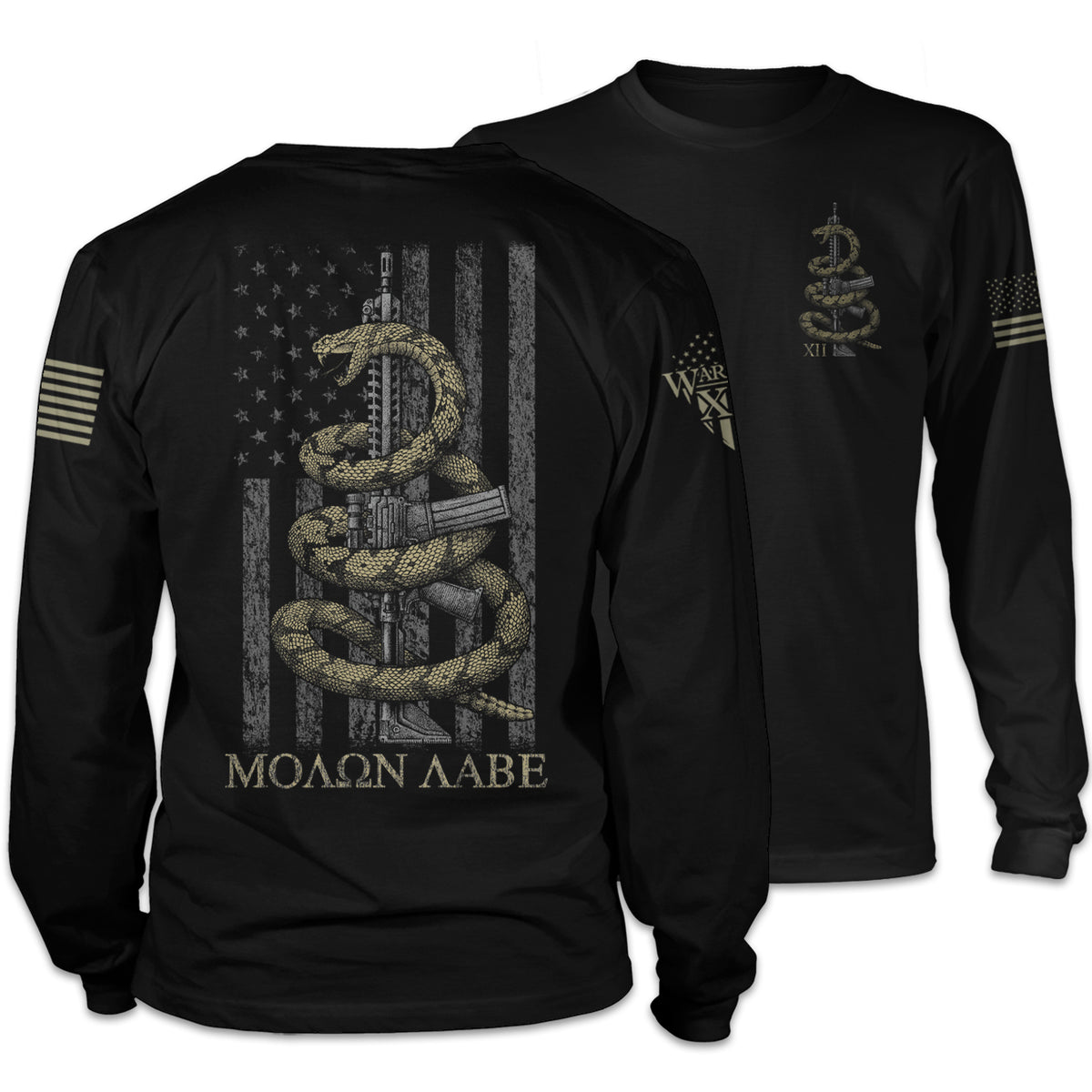 Front & back black long sleeve shirt with the words 'Molon Labe,' meaning "Come and Take," and a coiled rattlesnake ready to defend an AR-15 printed on the shirt.