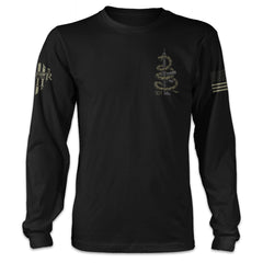 A black long sleeve shirt with a coiled rattlesnake on an AR15 printed on the front of the shirt.