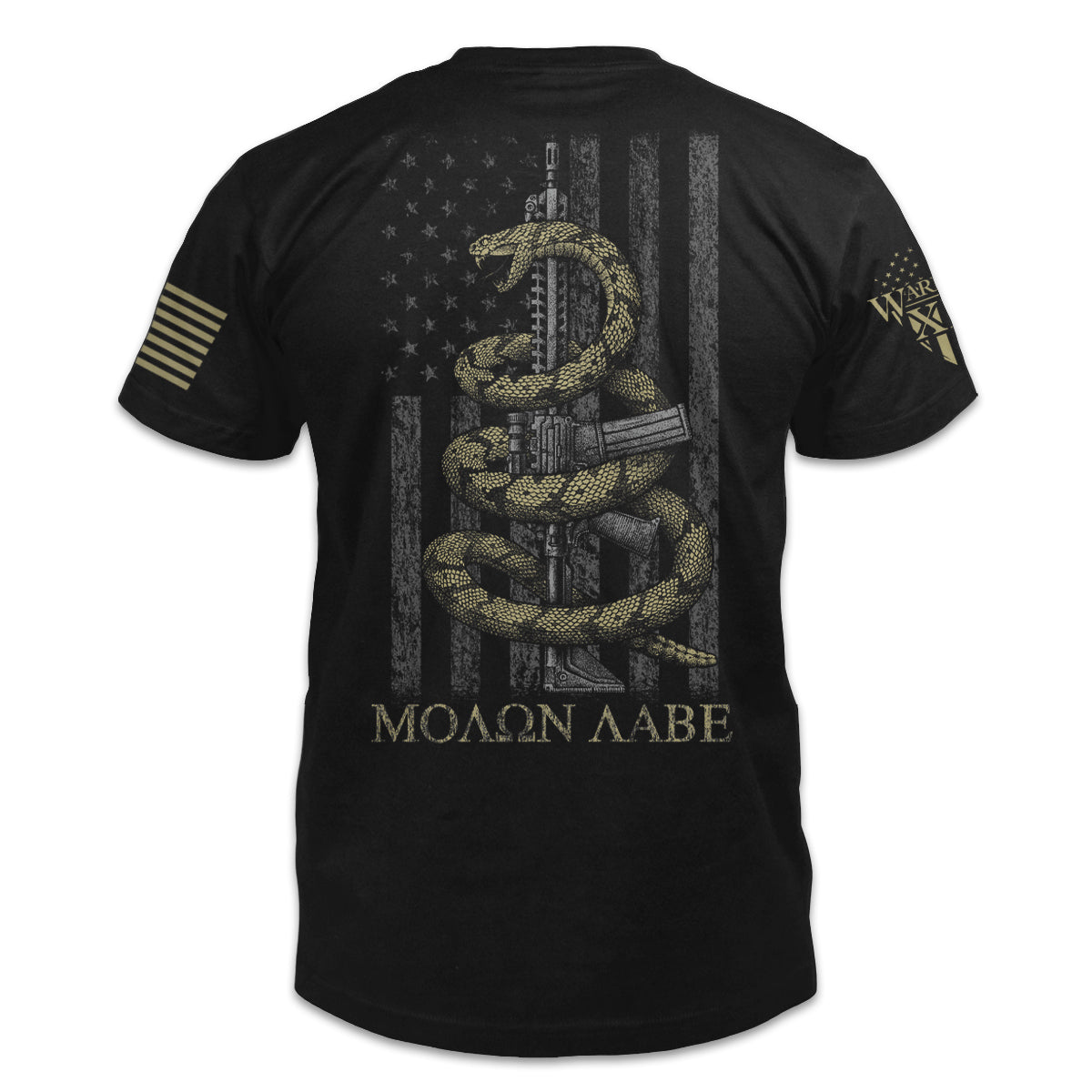 A black t-shirt with the words 'Molon Labe,' meaning "Come and Take," and a coiled rattlesnake ready to defend an AR-15 printed on the back of the shirt.