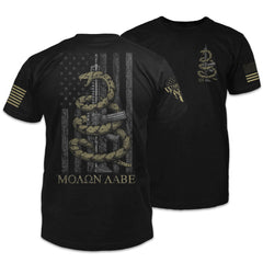 Front & back black t-shirt with the words 'Molon Labe,' meaning "Come and Take," and a coiled rattlesnake ready to defend an AR-15 printed on the shirt.