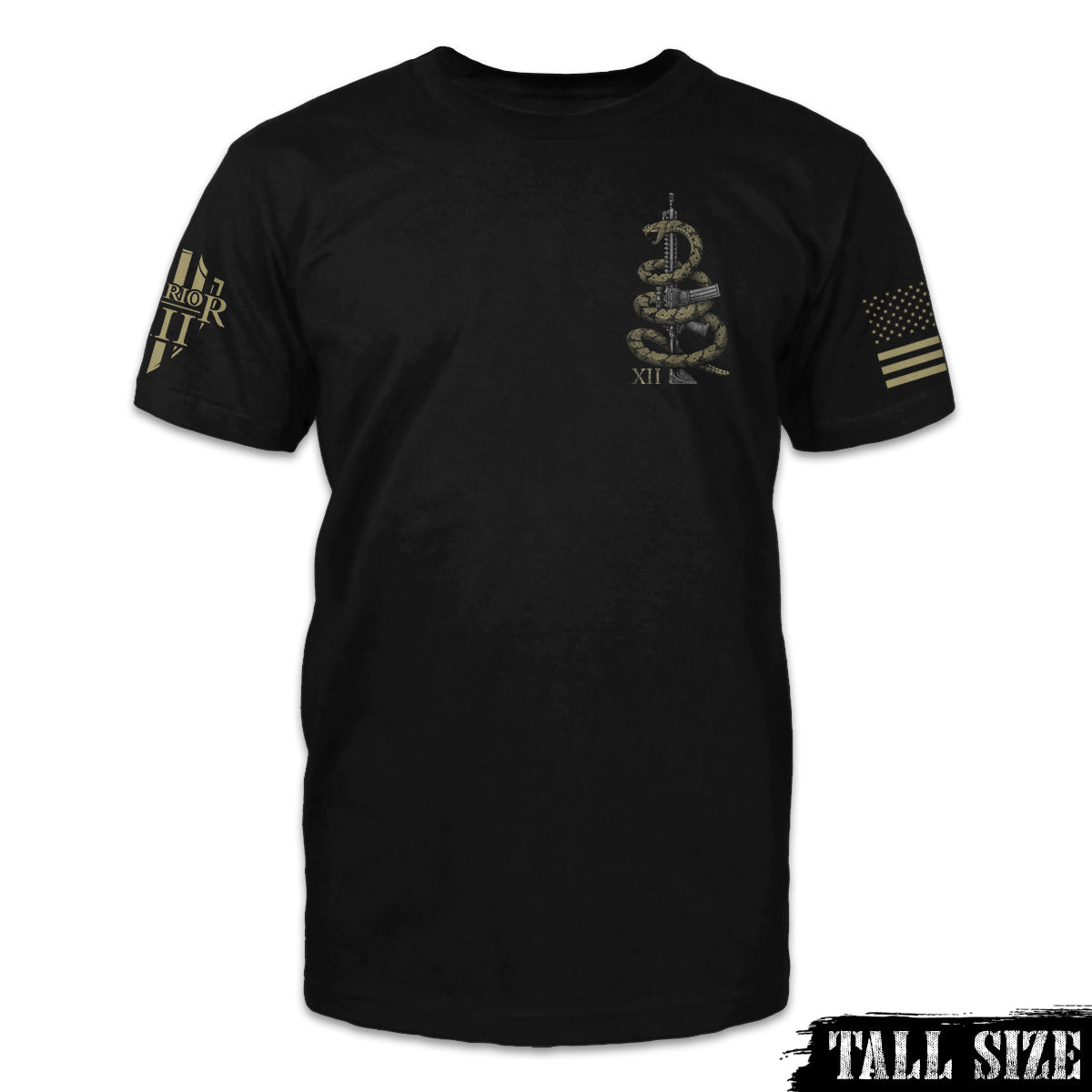 A black tall size shirt with a coiled rattlesnake on an AR15 printed on the front of the shirt.