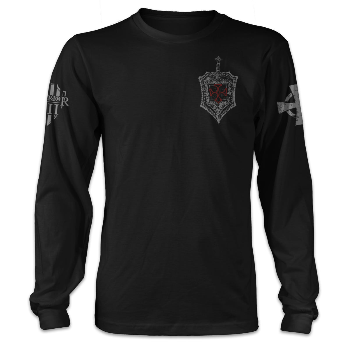 A black long sleeve shirt with the knights templar shield printed on the front.